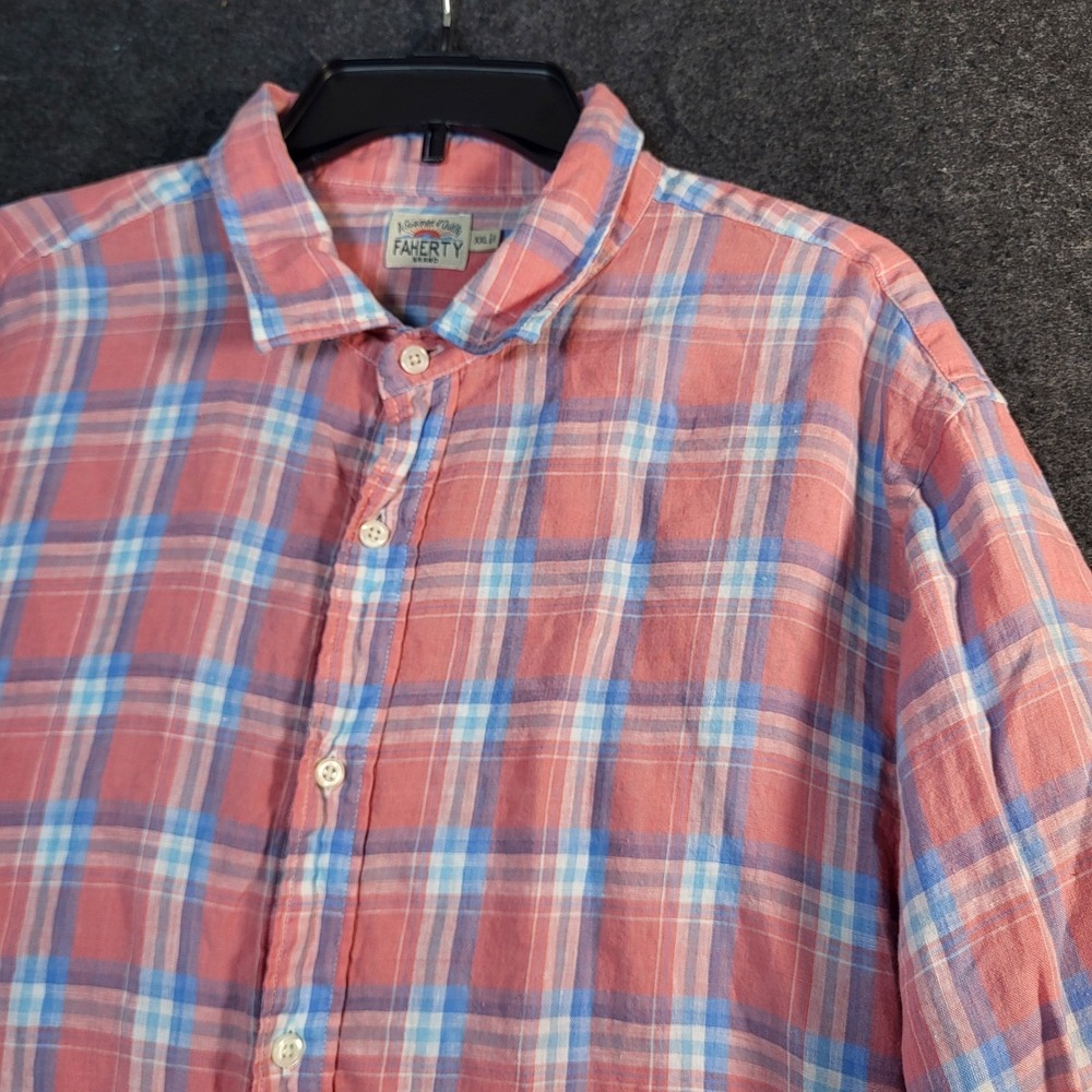 Faherty Brand Mens XXL Linen Plaid Long Sleeve Button Down Shirt Pink Blue